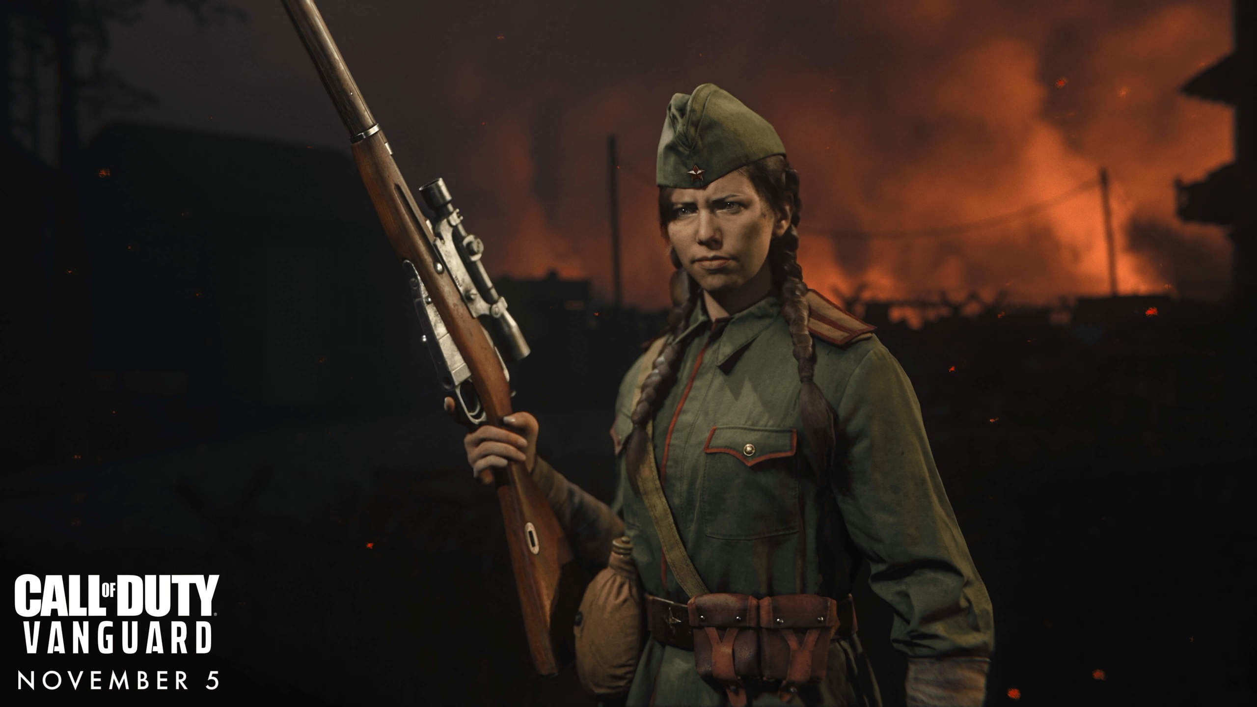 Character from Call of Duty: Vanguard in an army uniform, holding a rifle.