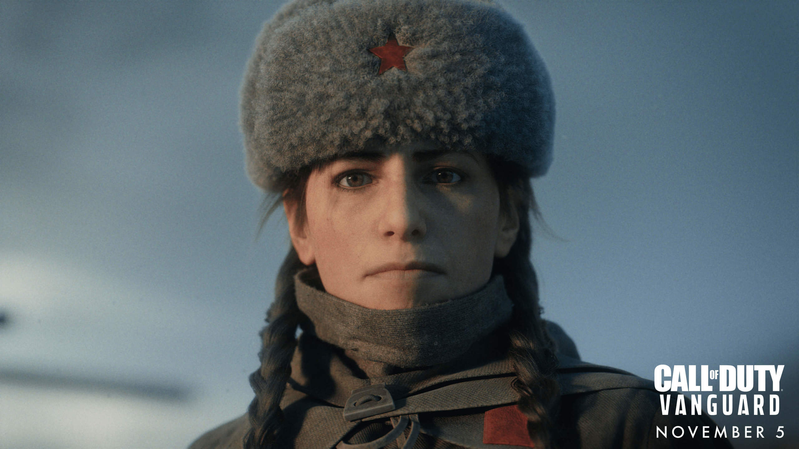 Character from Call of Duty: Vanguaed, wearing army gear and an ushanka hat.