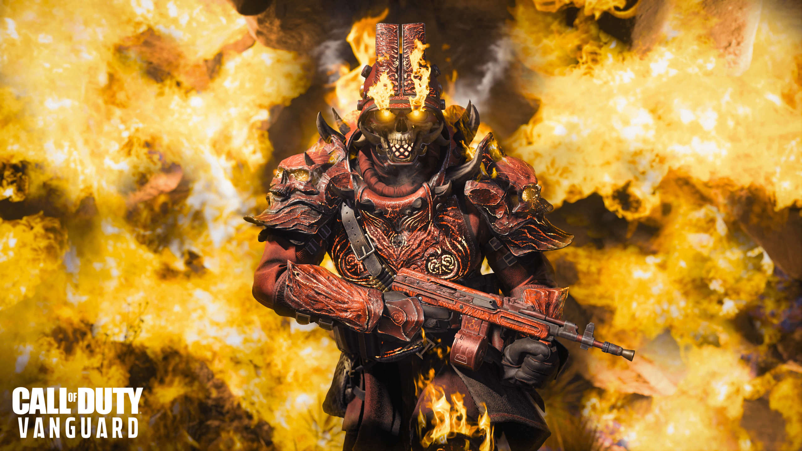 A skeletal character from Call of Duty: Vanguard wearing heavy armour in the middle of a fire storm. 
